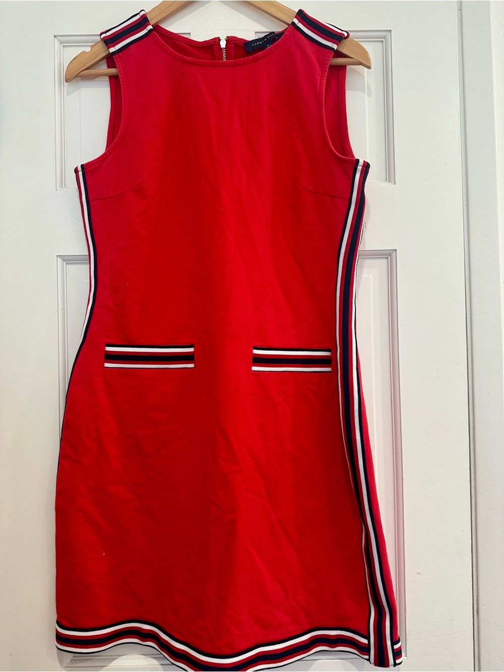 Tommy Hilfiger Red Sleeveless Shift Dress with Contrast Navy, White & Red Size M